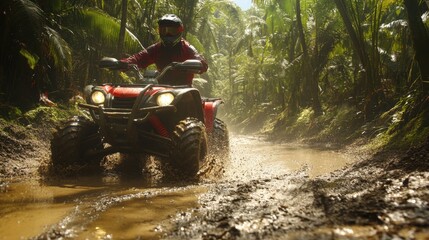 Thrilling ATV Ride Through Muddy Jungle Trail in Lush Greenery