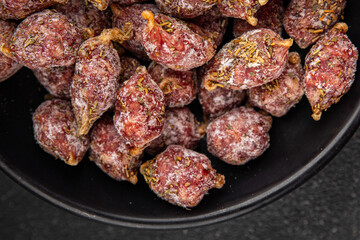 small smoked sausages appetizer mini salami sausage kabanosy fast food fresh tasty food dish delicious gourmet food background on the table rustic food top view copy space