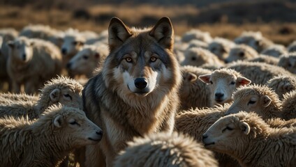 Obraz premium A wolf amidst a flock of sheep, gazing at the camera.