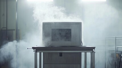 Smoke billows from a malfunctioning industrial oven in a factory setting.