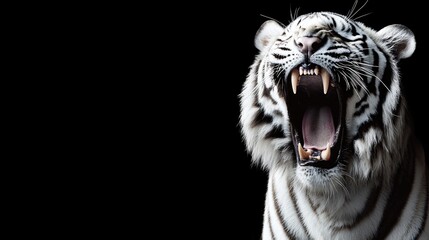 Obraz premium Close-up of a white tiger yawning against a black background, showing its teeth and details.