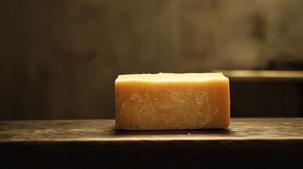 Fototapeta premium Close-up of a block of pale yellow cheese on a dark wooden surface.