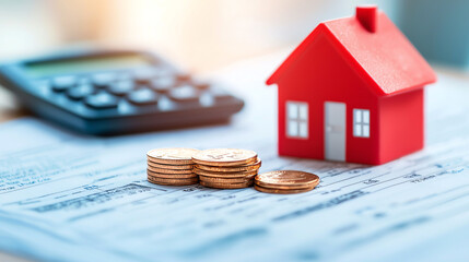 calculator, coins, and small red house model on property assessment forms create financial planning scene. This conveys importance of property tax assessment