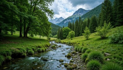 Obraz premium Beautiful landscape view of green summer forest with spruce and pine trees mountain, lake, river. Adventure travel nature background. Ecosystem ecology healthy environment.