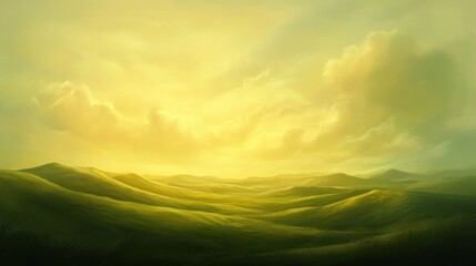 Fototapeta premium Serene sunset over rolling green hills and soft clouds.