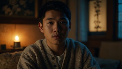 Fototapeta premium A young Asian man sits in a cozy room, evoking introspection with soft lighting.
