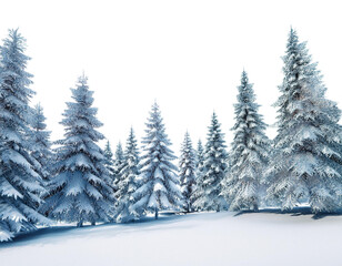 Fototapeta premium Snowy landscape with fir trees isolated on white background, cutout