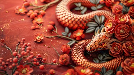 Fototapeta premium A Crimson Dragon Rests Amidst Exquisite Red Flowers and Berries