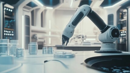 Robotic arm manipulating objects in a futuristic laboratory setting.