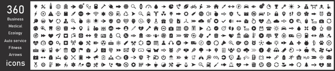 Set of icons, mega collection 360 icons. Business, fitness, medicals, sport, ecology, food, auto service, finance, arrows. Vector.