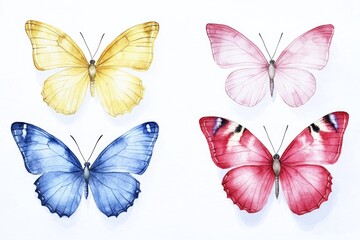 Fototapeta premium Close-up of four colorful butterflies on a white background