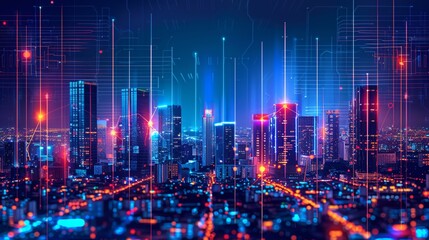 Fototapeta premium Vibrant futuristic cityscape with illuminated skyscrapers neon lights and dynamic energy of a modern metropolis at night Concept of technological progress innovation