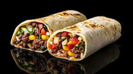 A burrito filled with beef, corn, and vegetables isolated on black surface.