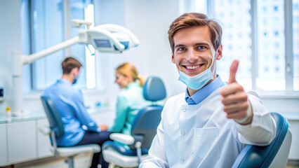 Obraz premium Confident Dentist Giving Thumbs Up in Modern Dental Office with Patients in Background Receiving Treatment, Highlighting Positive Dental Experience and Professional Environment