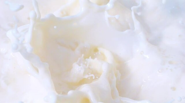 Fresh organic strawberries falling into milk, creating creamy splashes in slow motion 300fps