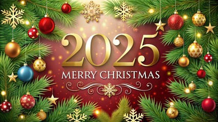 Festive Holiday Background with 2025 Text, Merry Christmas Greeting, Decorative Ornaments, and Pine Branches for Seasonal Celebrations