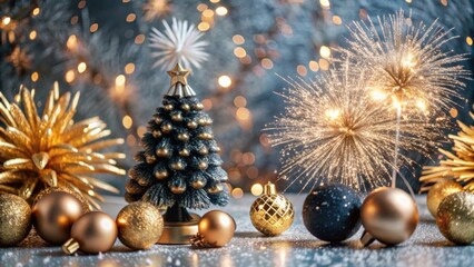 Festive Christmas Decoration Scene Featuring a Small Pine Tree, Glittery Ornaments, Sparkling Fireworks, and Warm Golden Bokeh Lights on a Smooth Surface
