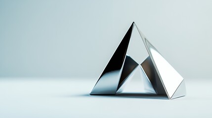 A reflective geometric sculpture composed of triangular shapes on a minimalistic surface.