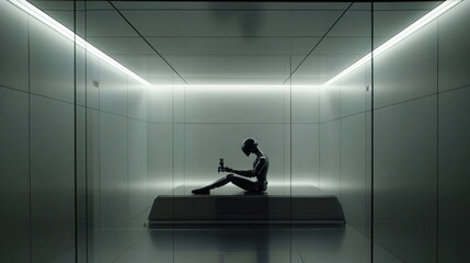 Fototapeta premium Silhouette of a person sitting in a minimalist, brightly lit, glass-walled room, holding a small object.