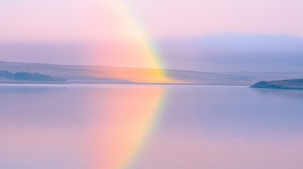 Fototapeta premium Pastel rainbow reflected in a calm lake at dawn.