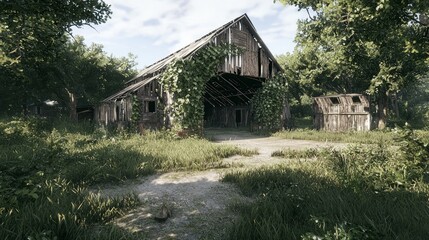 Fototapeta premium Forgotten Relic: Ultra-Detailed PhotoRealistic Image of Abandoned Barn Swallowed by Forest Vines