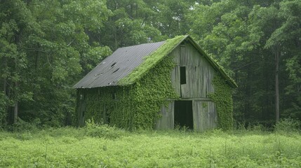 Fototapeta premium Eerie Photorealistic View of Deserted Barn Overgrown by Vines in Dense Forest - Ultra-Detailed Abandoned Building Scene