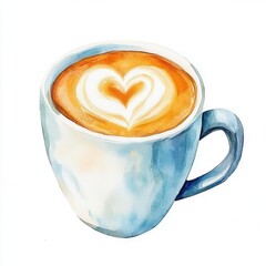 Watercolor illustration clipart of a cup of pumpkin spice latte with a perfect heart-shaped foam topping, Digital clipart watercolor aesthetic,  isolated on white background.