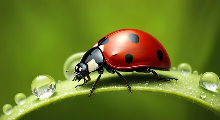 Fototapeta premium Red Ladybug on a Vibrant Green Leaf, Leaves, Rain Drop Dew Water, Insect Bug Nature Wildlife Image