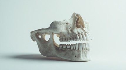 Close-up of a human skull model showcasing teeth and jawbone, isolated on white background.