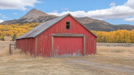 Obraz premium A rustic red barn set against a backdrop of mountains and autumn foliage.