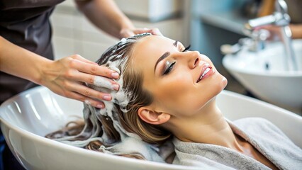 Naklejka premium Relaxing Beauty Treatment: Woman Enjoying Luxurious Shampoo Massage at Salon with Professional Hairdresser in Modern Spa Setting