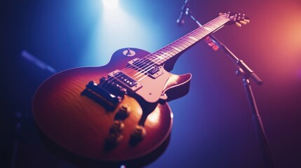 Obraz premium Electric guitar on stage under colorful lights.