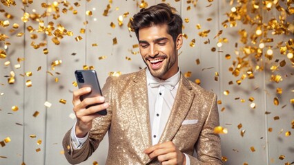 Stylish man in sparkling gold suit smiling while using smartphone surrounded by golden confetti at a celebratory party atmosphere capturing joyful moments