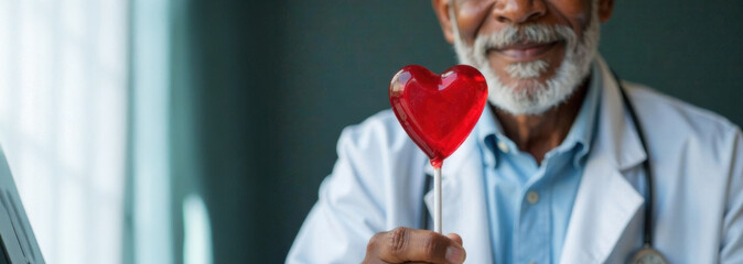 banner close-up of a dark- skinned elderly doctor in a white medical gown and a stethoscope around her neck holds in her hand a red lollipop in the shape of a heart on a white stick