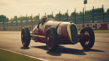 Vintage racing car on the track. Retro auto sport event, with fast classic cars