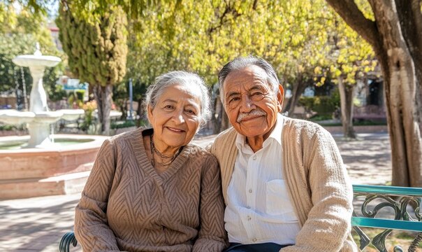 Happy elderly couple sitting on park bench smiling outdoors
