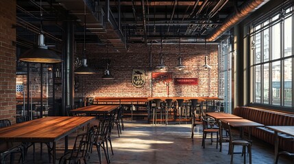 Fototapeta premium Modern industrial restaurant interior with wooden tables, exposed brick walls, stylish lighting, and a warm atmosphere ideal for dining and social gatherings
