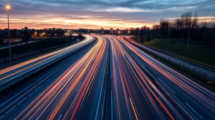 A long exposure shot of a highway with light trails from moving vehicles at sunset.