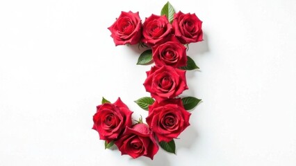  Letter J made from red roses with green leaves on a white isolated background