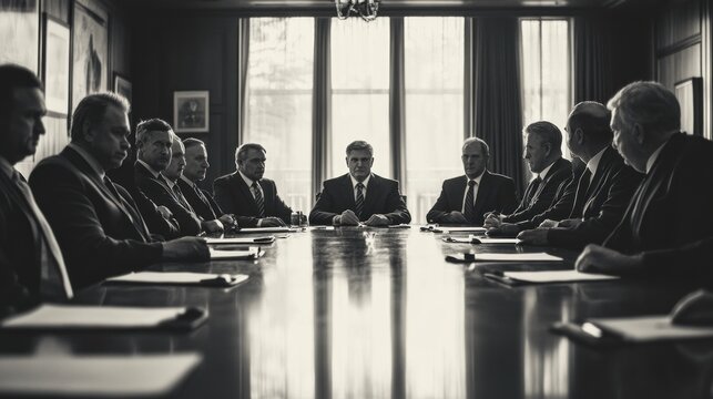 Men at a long table, engaged in serious discussion