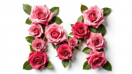 Obraz premium Letter M made from white- pink and red roses with green leaves on a white isolated background