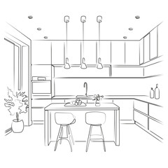 Modern kitchen room design. Kitchen interior, draft. Kitchen furniture. Simple room in a linear style. Vector illustration, lines, projection. 3D vector sketch. Kitchen island, pendant lights.