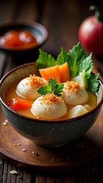 Japanese New Year mochi soup (ozoni) with colorful vegetables, traditional bowl, holiday decorations, warm lighting