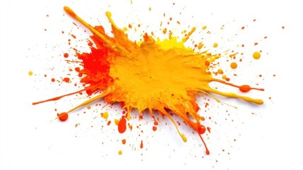Abstract orange and yellow paint splatters on white background.