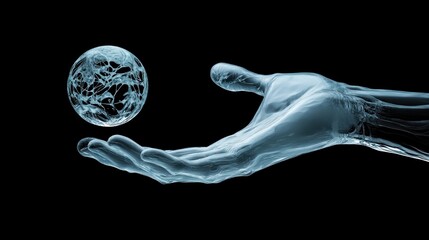 Obraz premium X-ray hand gently holding a translucent, swirling sphere against a black background.