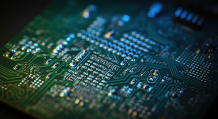 Fototapeta premium Close-up of Green Circuit Board, Blue Highlights