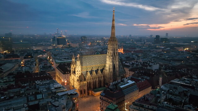Aerial view of famous places St. Stephen's Cathedral Stephansdom at night. Mother church of the Roman Catholic Archdiocese of Vienna. Austria