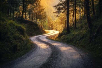 Fototapeta premium A scenic winding road surrounded by dense forest foliage