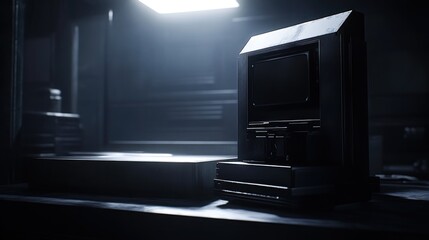 Obraz premium Retrofuturistic TV and VCR on a dark workbench in a dimly lit room.