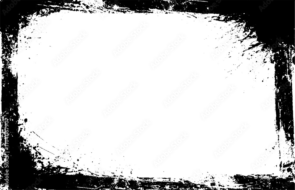 Poster Vector grunge border with rough frame on a black background. Old vintage design featuring torn edges and scratch texture. Abstract messy paper layout with splatter stains for retro posters.